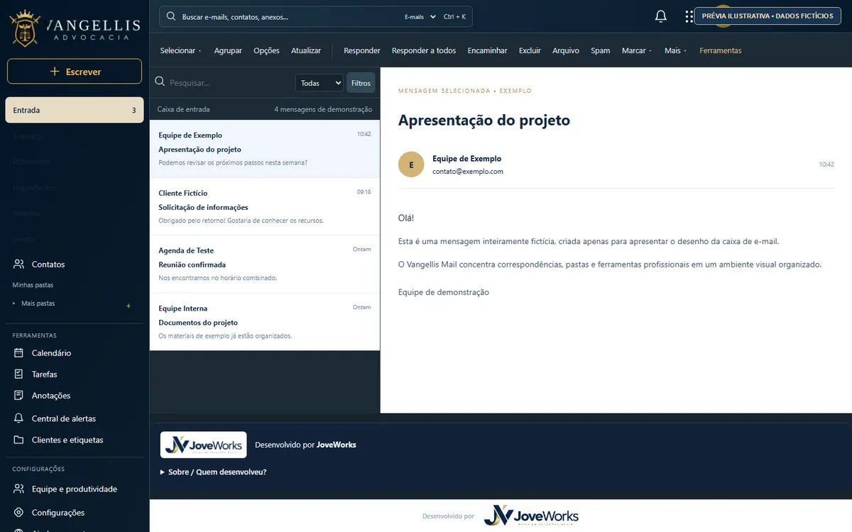 Demonstração montada sobre a interface do Mail, utilizando somente mensagens fictícias.