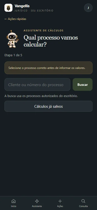 Imagem demonstrativa do assistente de cálculos do projeto Vangellis Jurídico