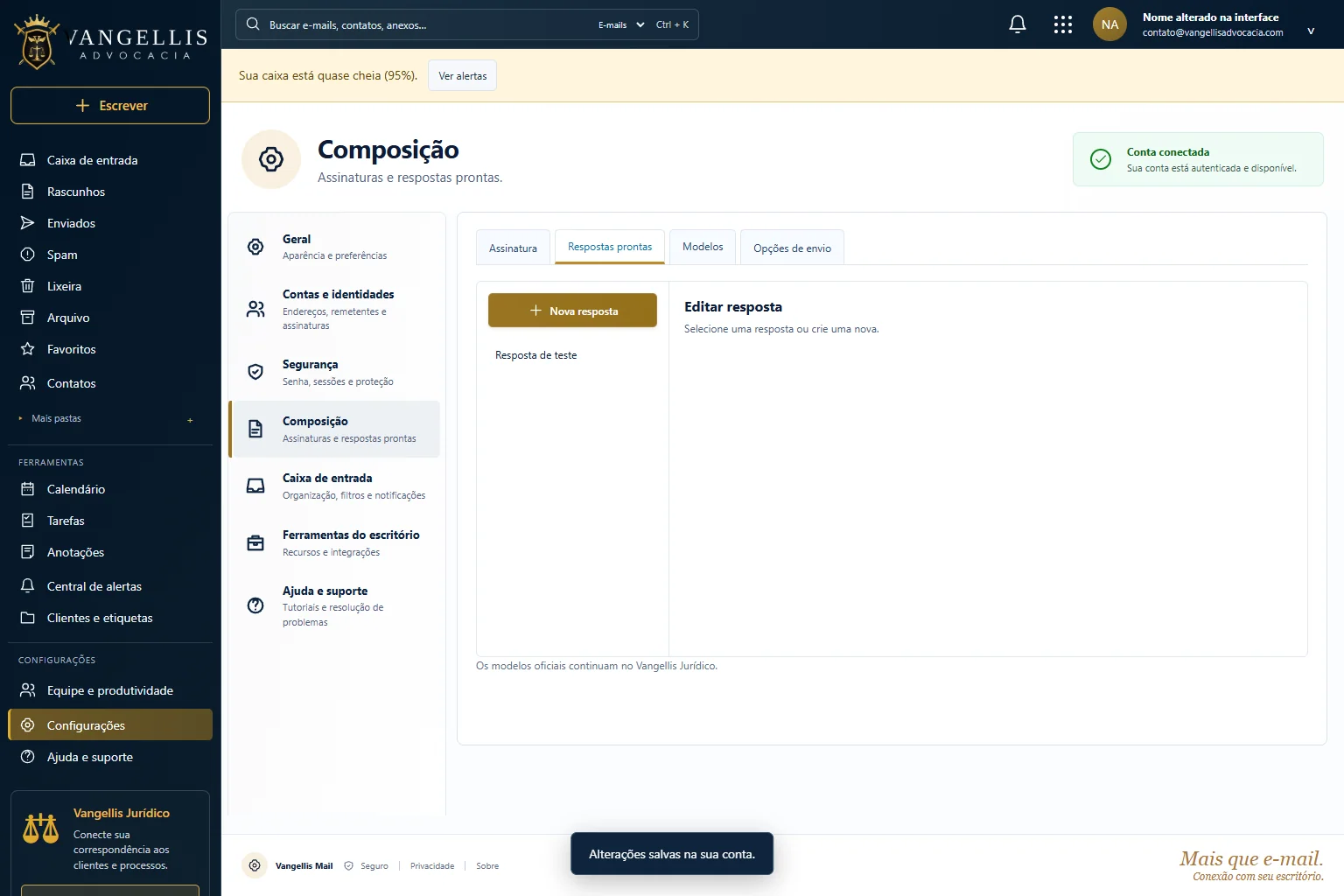 Interface de demonstração de composição no Vangellis Mail