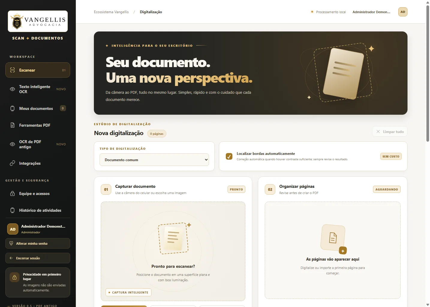 Tela do scanner Vangellis: recorte, captura, organização e preparação de PDF