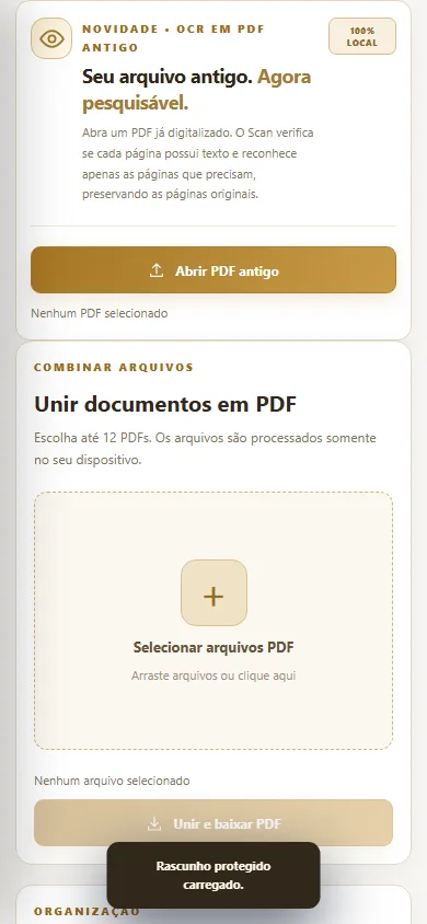 Interface emulada em tamanho de celular da ferramenta OCR de PDF antigo