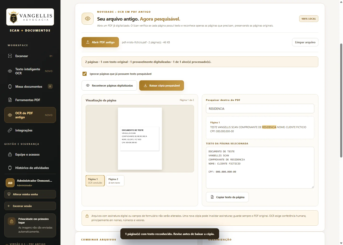 Tela da ferramenta OCR de PDF antigo com documento de teste e duas páginas