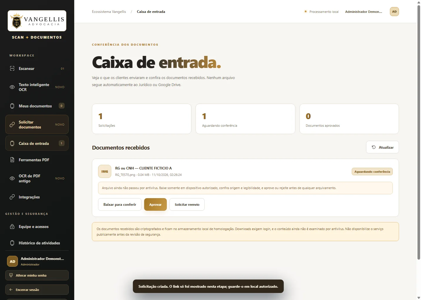 Captura de caixa de entrada de documentos com status de conferência em ambiente de testes fictícios
