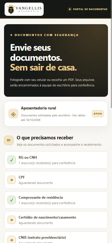 Captura de teste do portal de checklist de documentos em tamanho móvel
