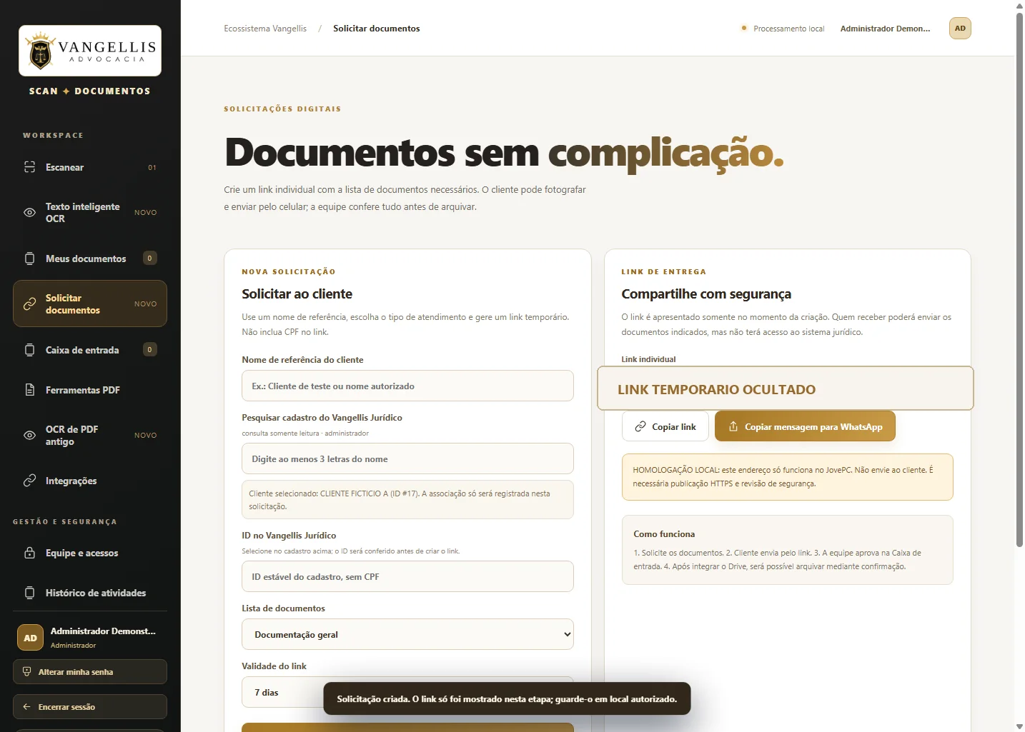 Solicitação de documentos no Scan 0.6, com link de teste ocultado