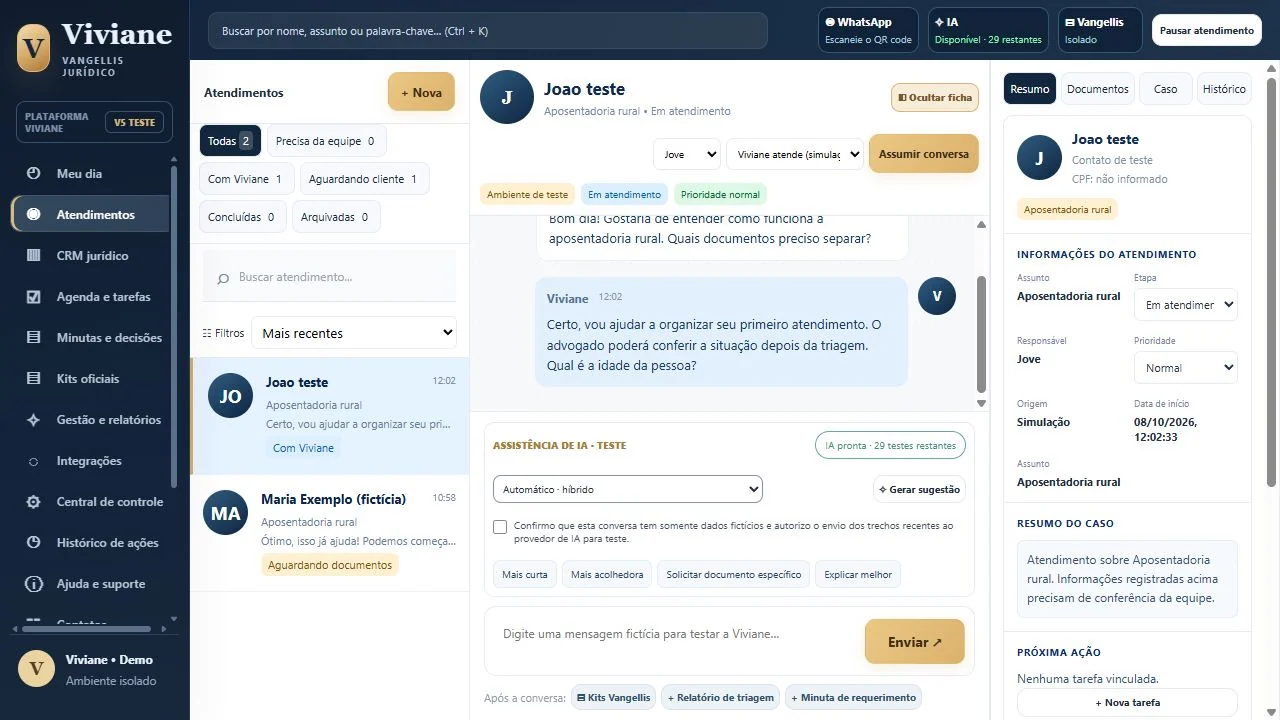 Central de atendimento Viviane com contatos fictícios em demonstração