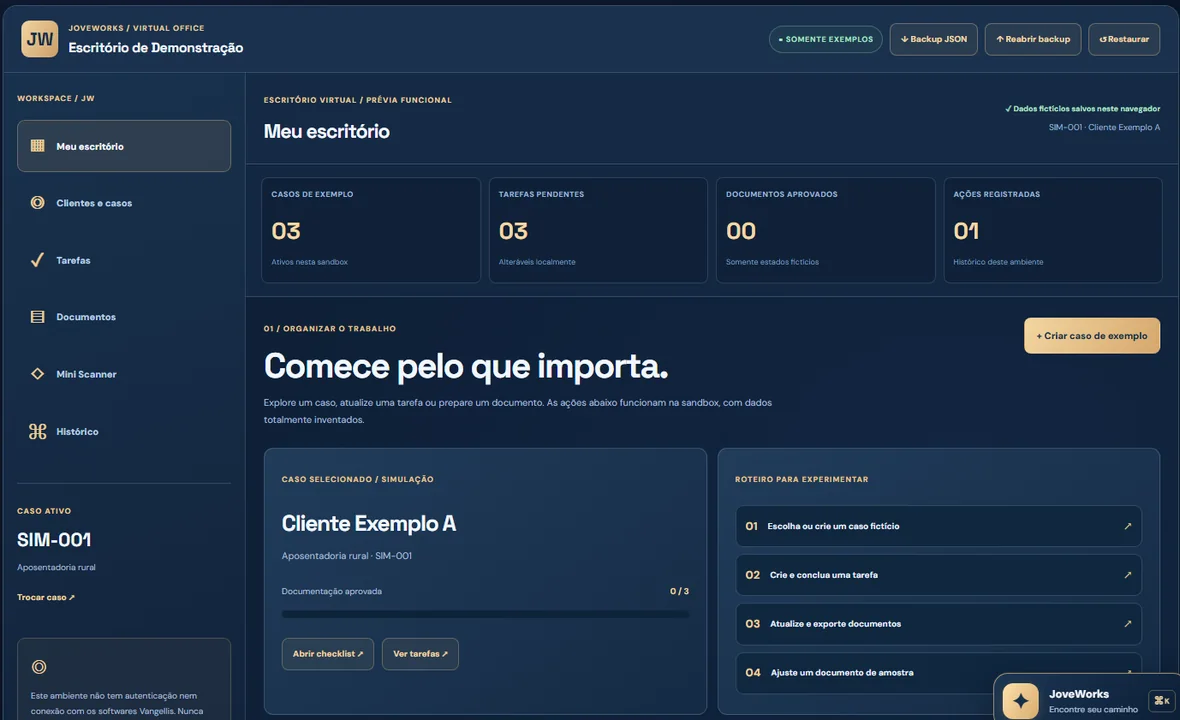 Captura verdadeira da sandbox funcional: painel de casos fictícios, tarefas e documentos